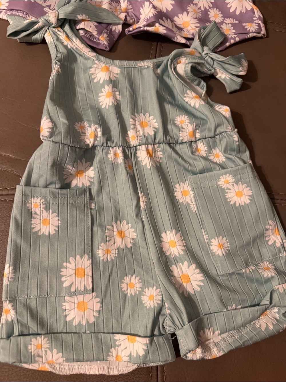 PatPat Sage Green Daisy Romper with Tie Straps